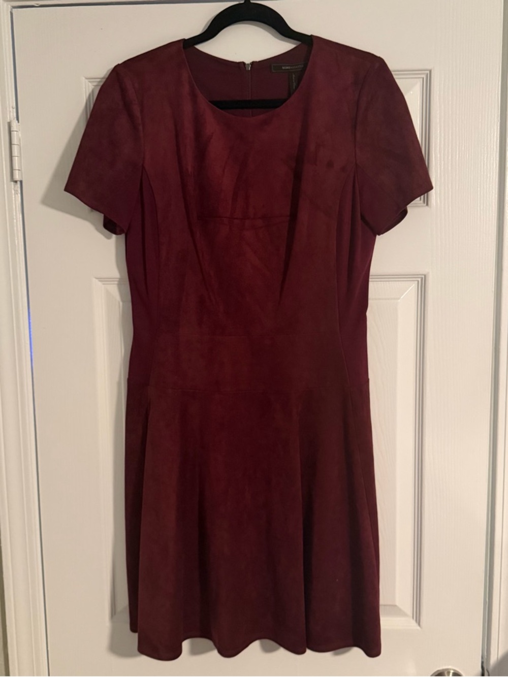 BCBGMAXAZRIA Darra Short Sleeve Faux Suede A-Line Dress in‎ Burgundy Size 12 NWT